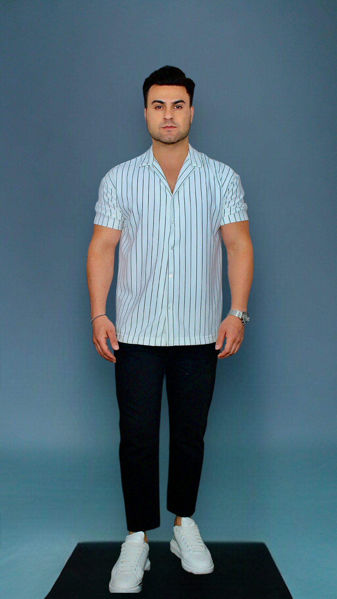 MEMZ PINSTRIPE REVERE SHIRT IN WHITE/BLACK
