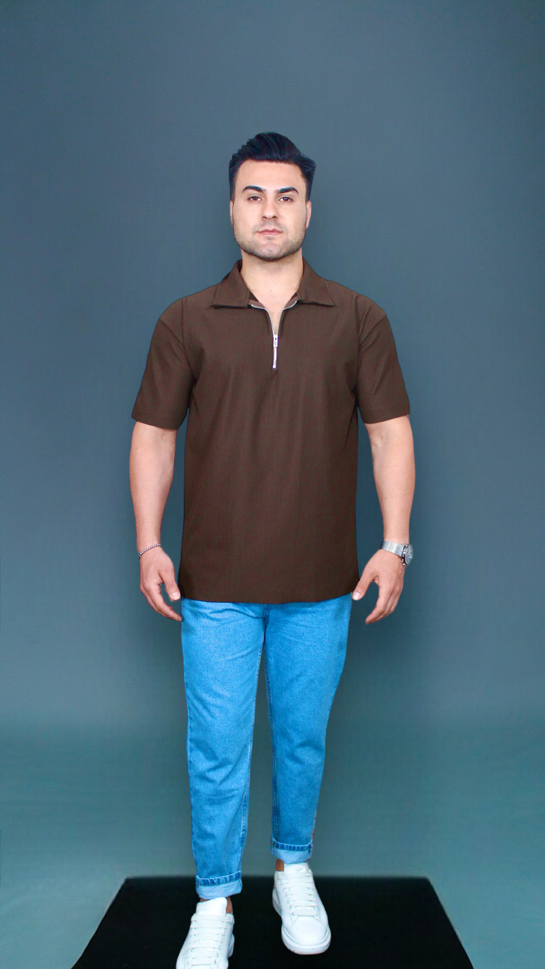 MEMZ TREMONT ZIP POLO IN DARK  BROWN