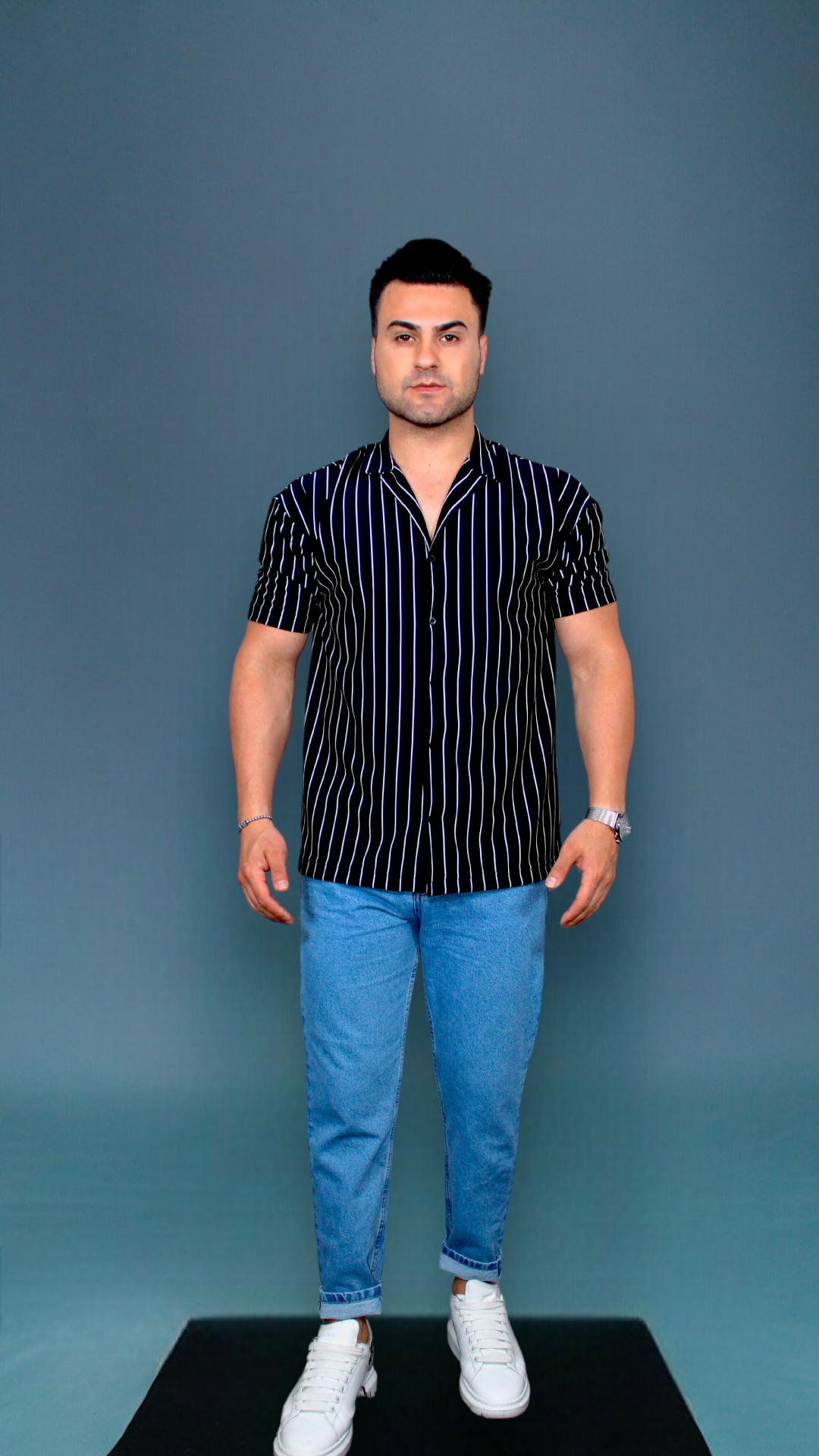 MEMZ PINSTRIPE REVERE SHIRT IN BLACK/WHITE